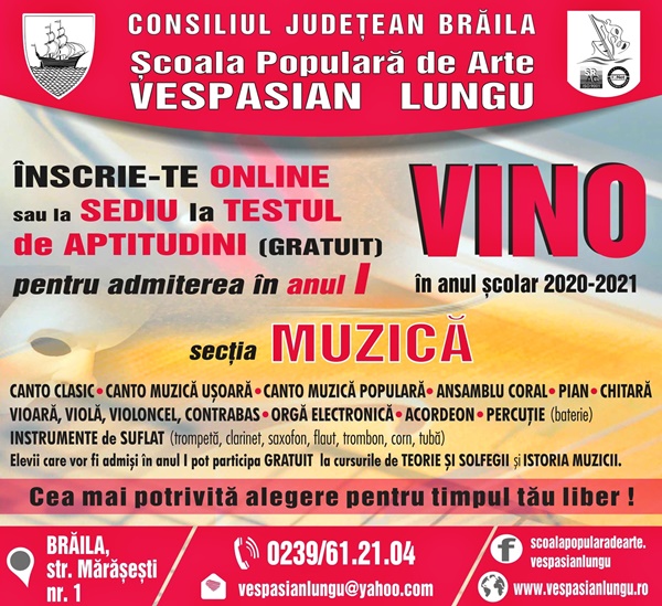 Școala Populară de Arte „Vespasian Lungu” face înscrieri pentru admiterea în anul I, secția&nbsp;Muzică!