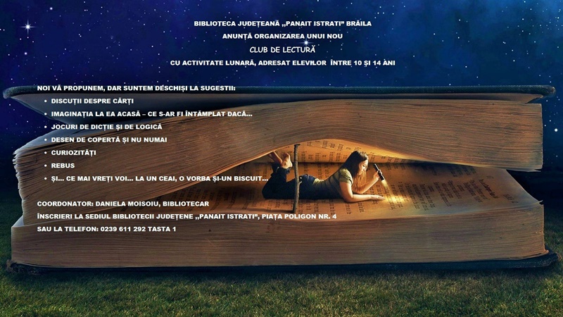 Se fac înscrieri la noul Club de lectură din cadrul Bibliotecii Județene „Panait&nbsp;Istrati”!