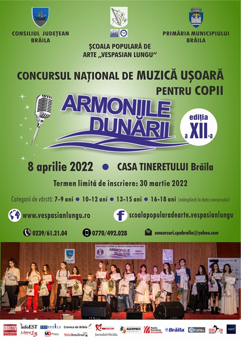 Se fac înscrieri la Concursul naţional de muzică uşoară pentru copii „Armoniile Dunării”, de la&nbsp;Brăila