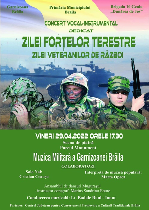 Invitație la concertul susținut de Muzica Militară a Garnizoanei Brăila, dedicat Zilei Forțelor Terestre și Zilei Veteranilor de&nbsp;Război