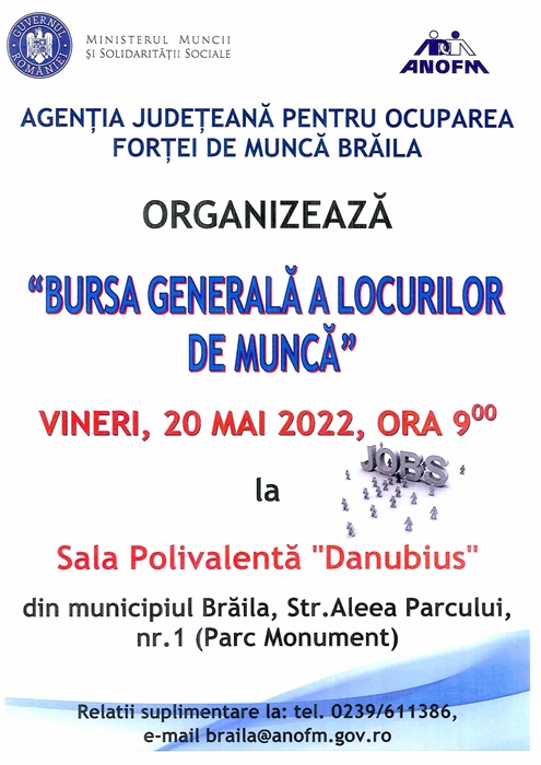 AJOFM Brăila organizează “Bursa generală a locurilor de muncă“, vineri, 20&nbsp;mai