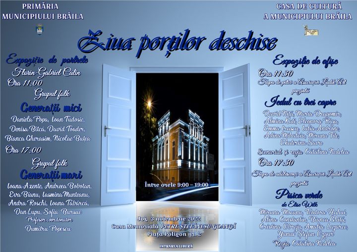 “Ziua Porților Deschise” la Casa de Cultură a Municipiului Brăila | Spectacole de muzică folk, scenete de teatru, expoziție de&nbsp;portrete