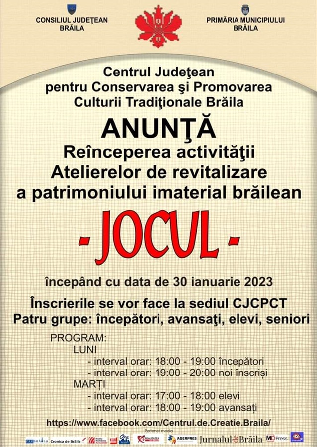 Se fac înscrieri la Atelierele de revitalizare a patrimoniului imaterial “Jocul”, de la Centrul Județean pentru Conservarea și Promovarea Culturii Tradiționale&nbsp;Brăila!