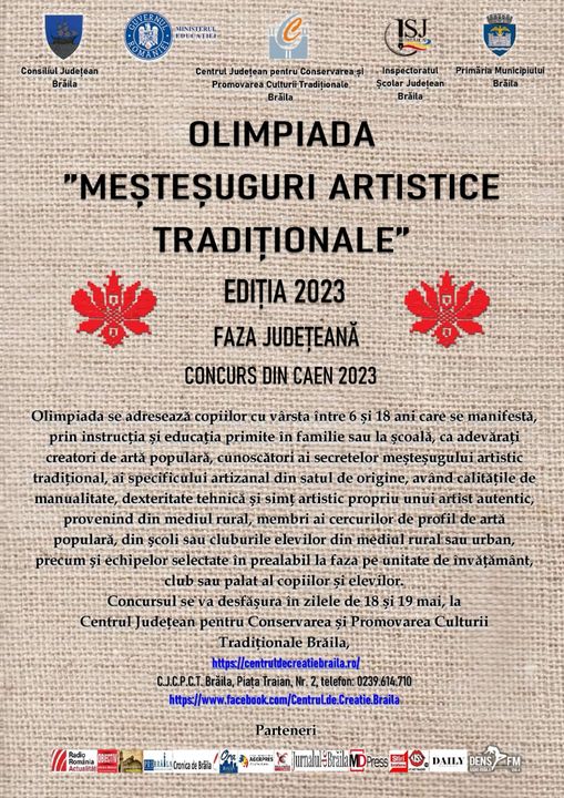 18 – 19 mai 2023, faza județeană a Olimpiadei “Meșteșuguri Artistice Tradiționale”