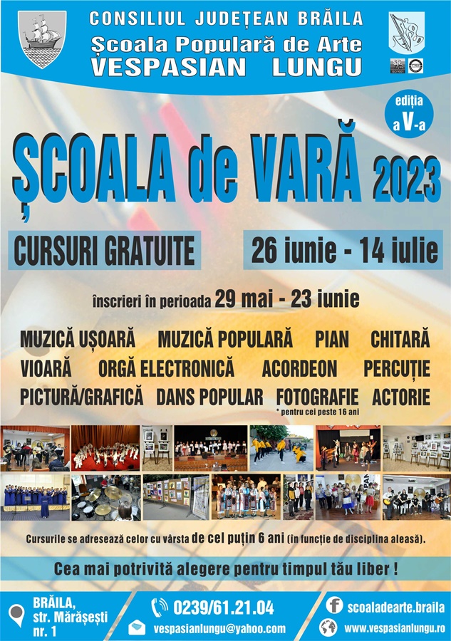 Cursuri gratuite la Şcoala de vară, organizate de Şcoala Populară de Arte şi Meserii “Vespasian Lungu”