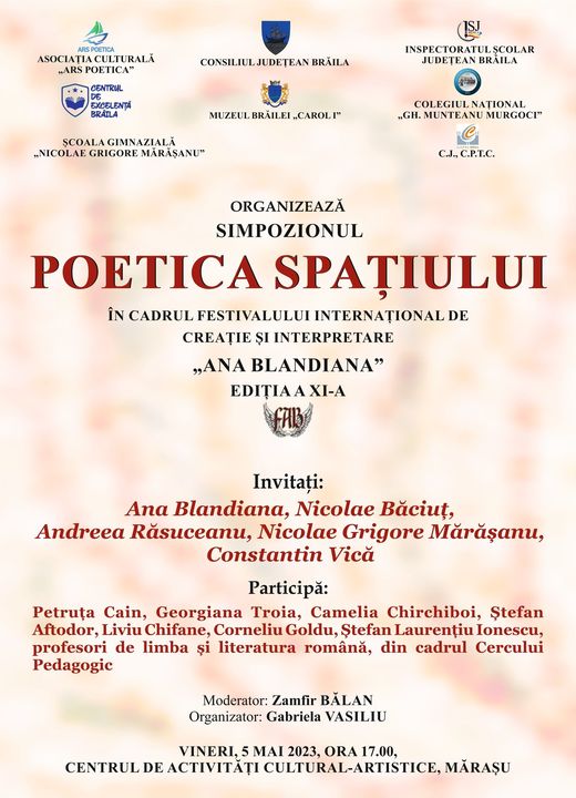 Simpozion “Poetica spațiului”, la Centrul de Activități Cultural-Artistice, din localitatea&nbsp;Mărașu