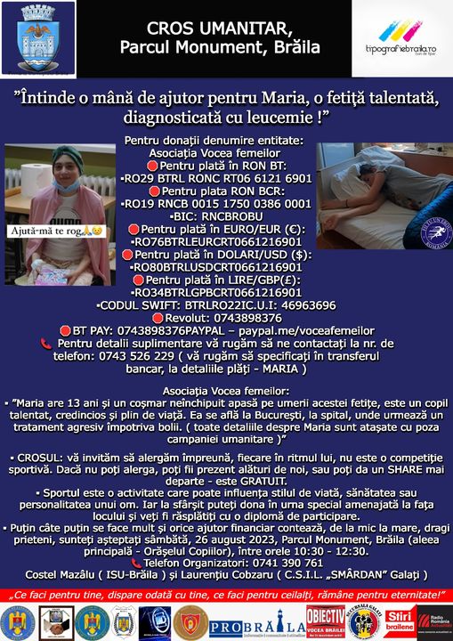 Cros Umanitar: “Întinde o mână de ajutor pentru Maria, o fetiță talentată, diagnosticată cu leucemie!”