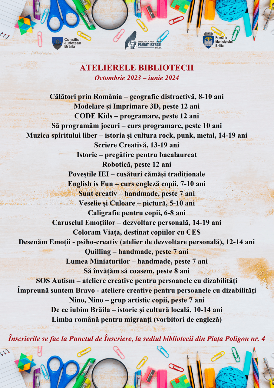 Biblioteca “Panait Istrati” face înscrieri la diverse ateliere tematice gratuite, o alternativă plăcută pentru petrecerea timpului&nbsp;liber