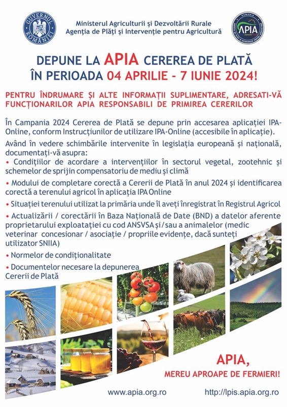 APIA dă startul campaniei de primire a cererilor de plată pentru intervenţiile aferente sectoarelor vegetal şi&nbsp;zootehnic!
