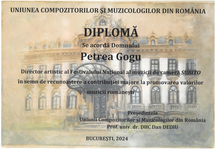 Managerul Filarmonica “Lyra–George Cavadia”, Petrea Gogu, premiat de U.C.M.R. pentru contribuția sa majoră la promovarea valorilor muzicii&nbsp;românești