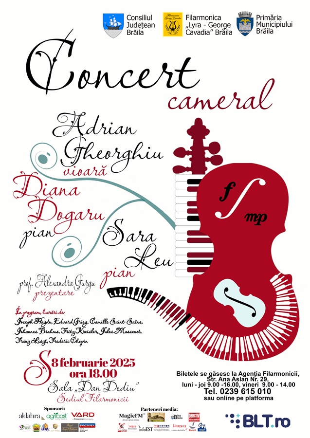 Concert cameral la Filarmonica Lyra-George Cavadia: Adrian Gheorghiu (vioară), Diana Dogaru (pian) și Sara Leu&nbsp;(pian)