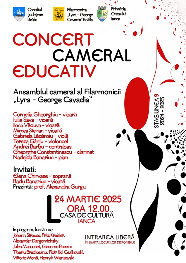 Concert cameral educativ la Ianca, susținut de Ansamblul cameral al Filarmonicii “Lyra – George&nbsp;Cavadia”