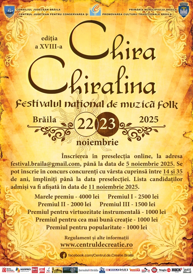 S-a dat startul înscrierilor la preselecția celei de-a XVIII-a ediţii a Festivalului naţional de folk “Chira&nbsp;Chiralina”!